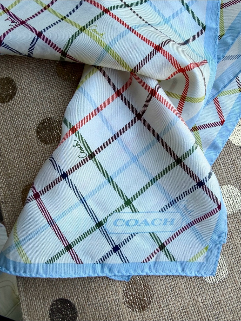 Vintage Coach Women's Tattersall Scarf, Pastel blue Trim, 100% Silk, Oblong ~Y2K